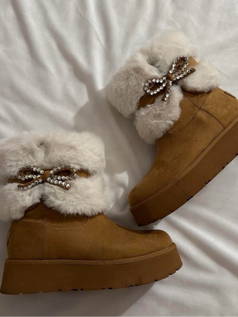 Guess Chestnut Brown Faux-Suede Ankle Boots with Cream Fur Cuff & Crystal Bow